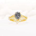 Oval Cut Black Rutilated Quartz Vintage Engagement Ring Set with Chevron Band - Yellow-Gold