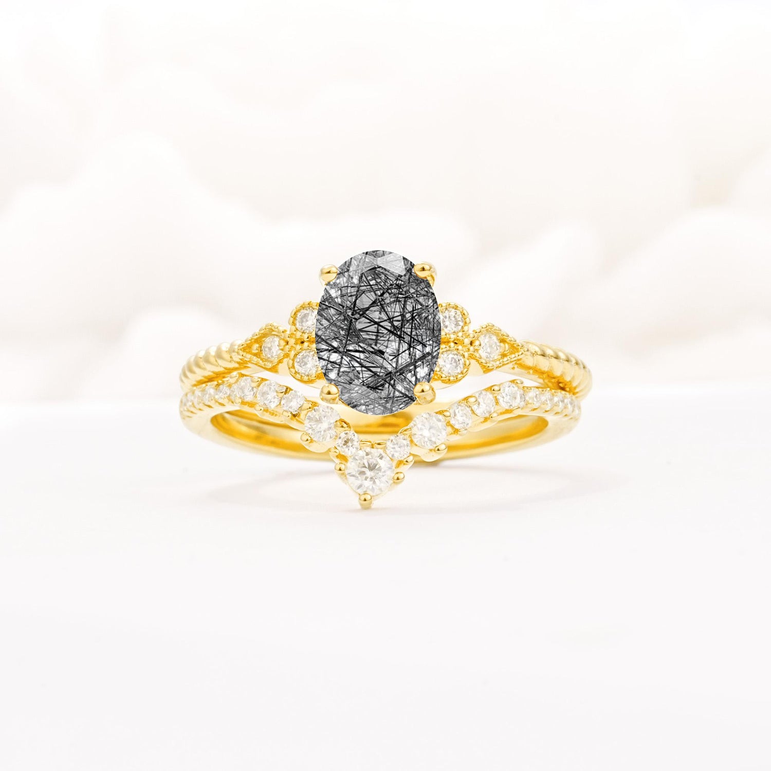 Oval Cut Black Rutilated Quartz Vintage Engagement Ring Set with Chevron Band - Yellow-Gold