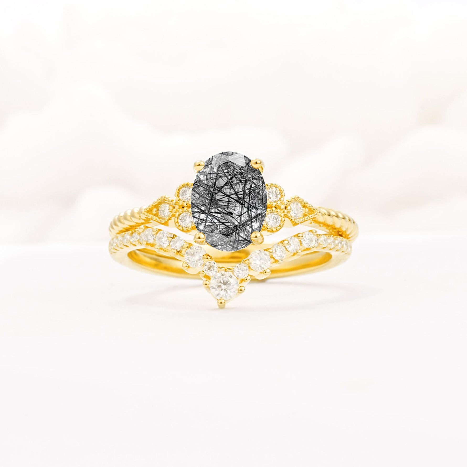 Oval Cut Black Rutilated Quartz Vintage Engagement Ring Set with Chevron Band - Yellow-Gold