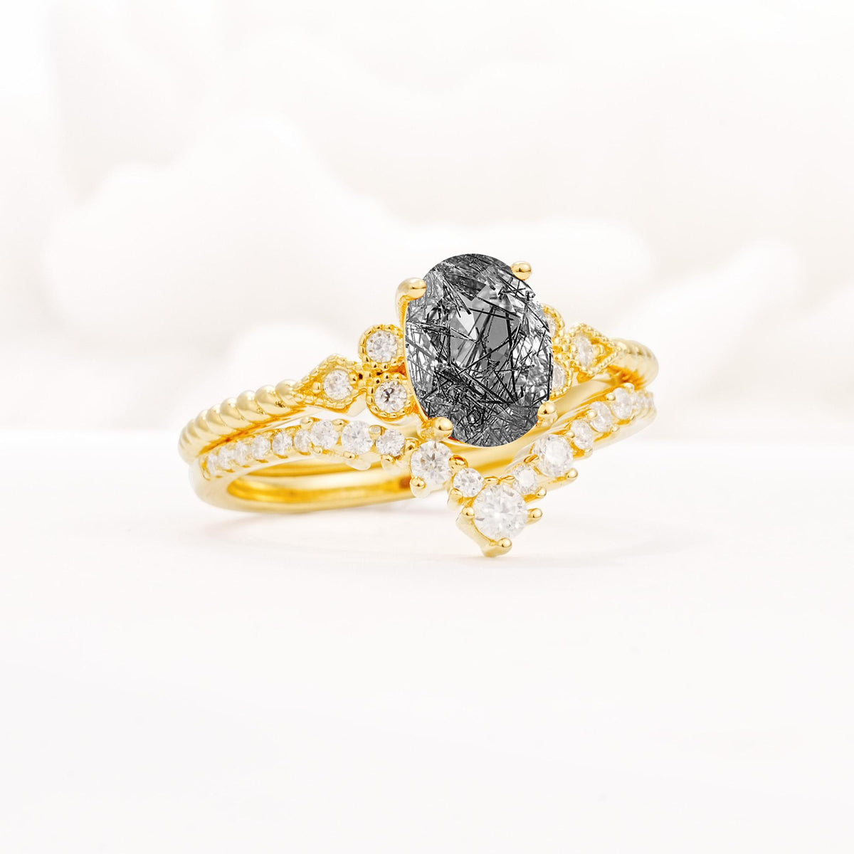 Oval Cut Black Rutilated Quartz Vintage Engagement Ring Set with Chevron Band - Rose-Gold