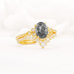 Oval Cut Black Rutilated Quartz Vintage Engagement Ring Set with Chevron Band - Rose-Gold