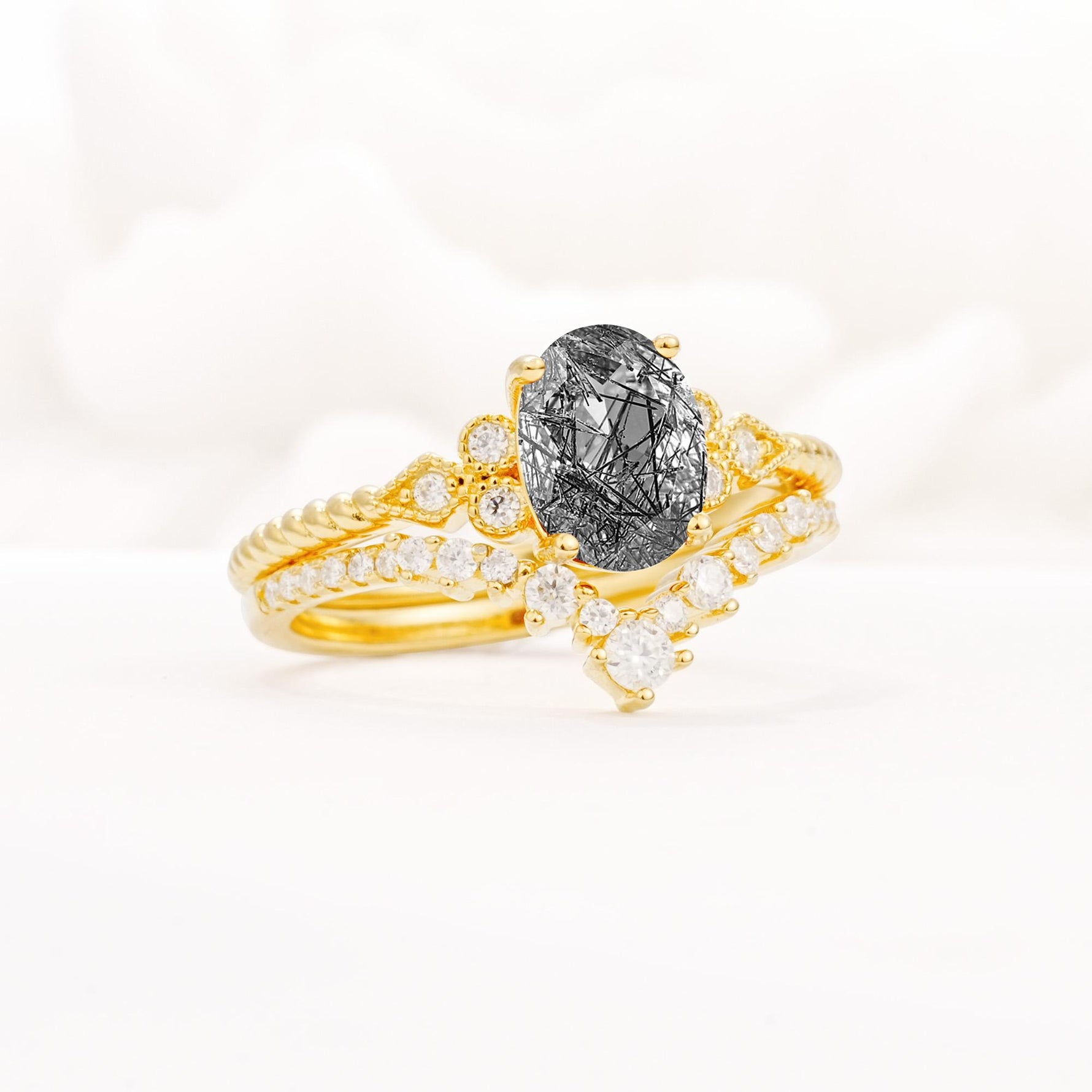 Oval Cut Black Rutilated Quartz Vintage Engagement Ring Set with Chevron Band - Rose-Gold