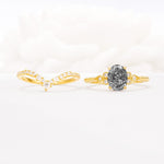 Oval Cut Black Rutilated Quartz Vintage Engagement Ring Set with Chevron Band - White-Gold