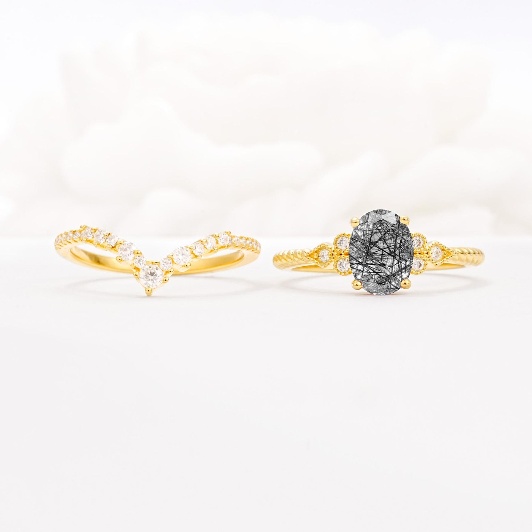 Oval Cut Black Rutilated Quartz Vintage Engagement Ring Set with Chevron Band - White-Gold