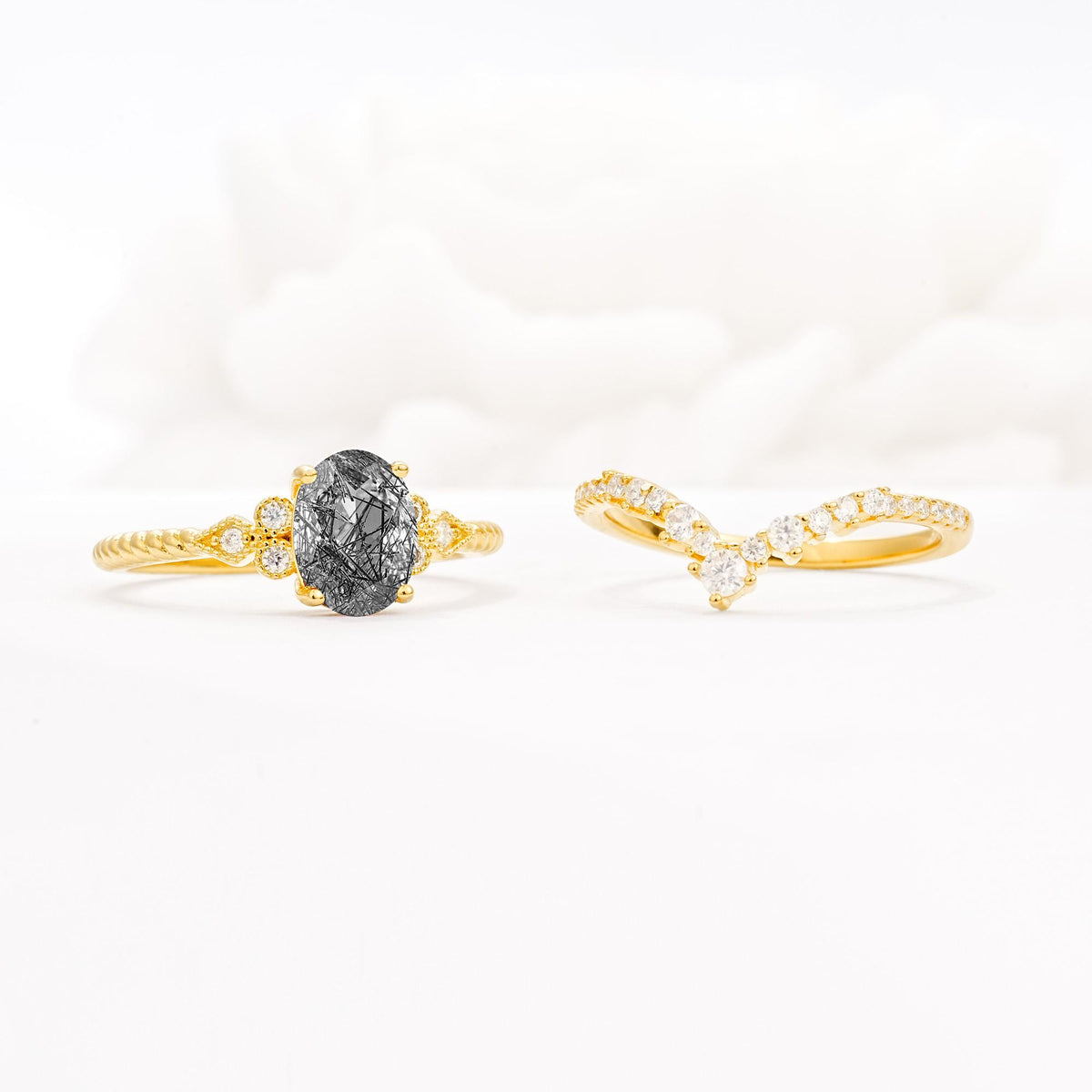 Oval Cut Black Rutilated Quartz Vintage Engagement Ring Set with Chevron Band - Additional view