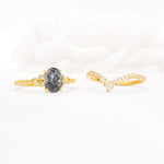 Oval Cut Black Rutilated Quartz Vintage Engagement Ring Set with Chevron Band - Additional view