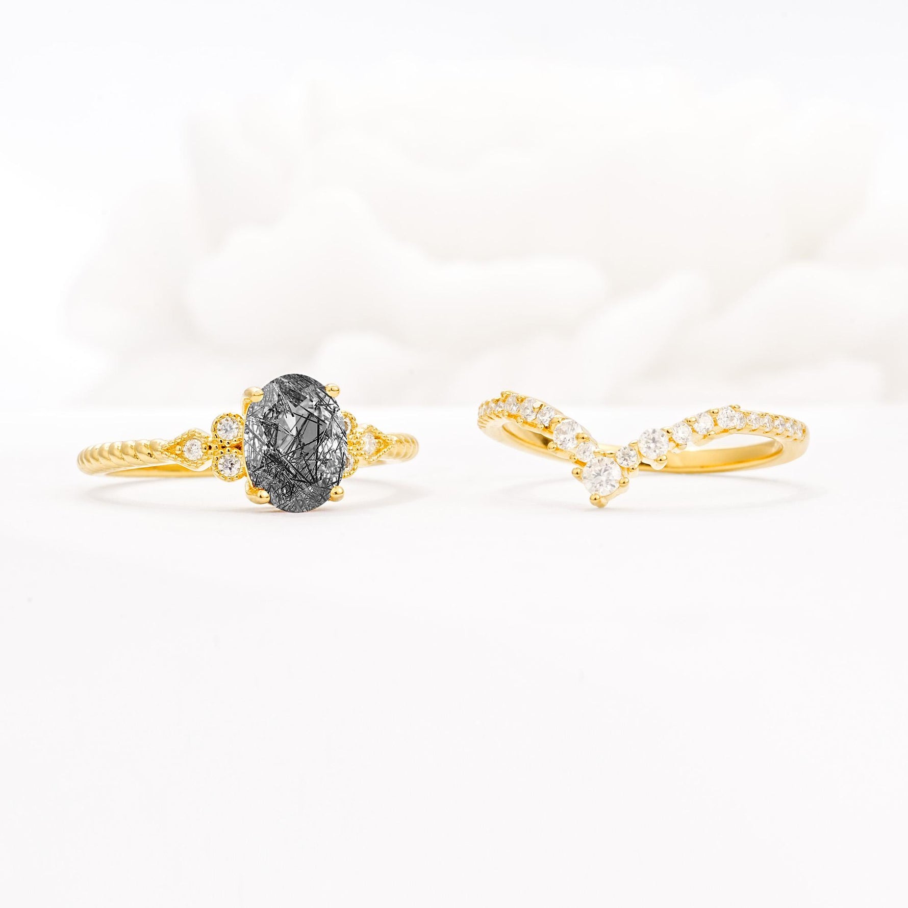 Oval Cut Black Rutilated Quartz Vintage Engagement Ring Set with Chevron Band - Additional view