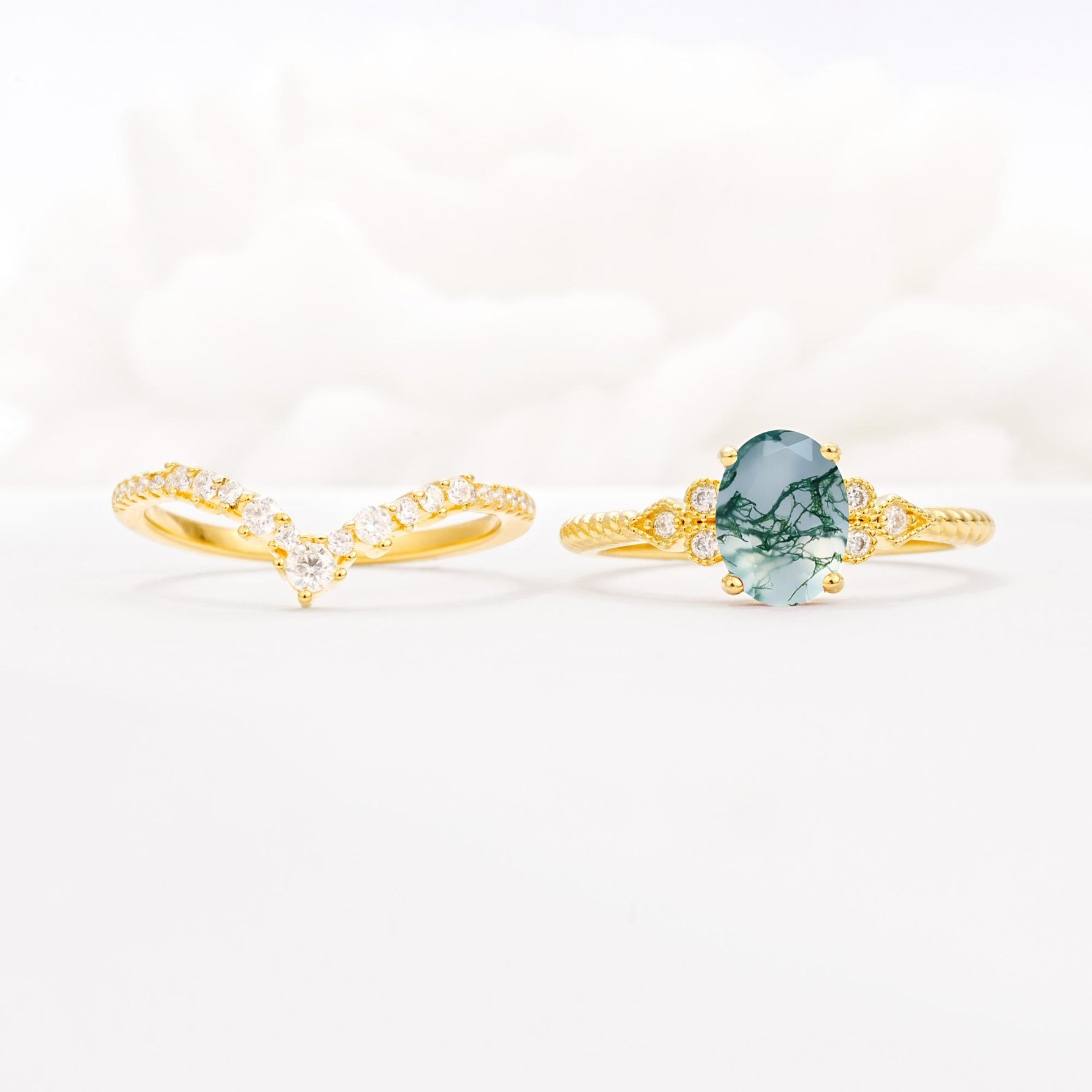 Oval Cut Moss Agate Vintage Engagement Ring Set with Chevron Band - White-Gold