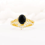 Oval Cut Black Onyx Vintage Engagement Ring Set with Chevron Band - Yellow-Gold