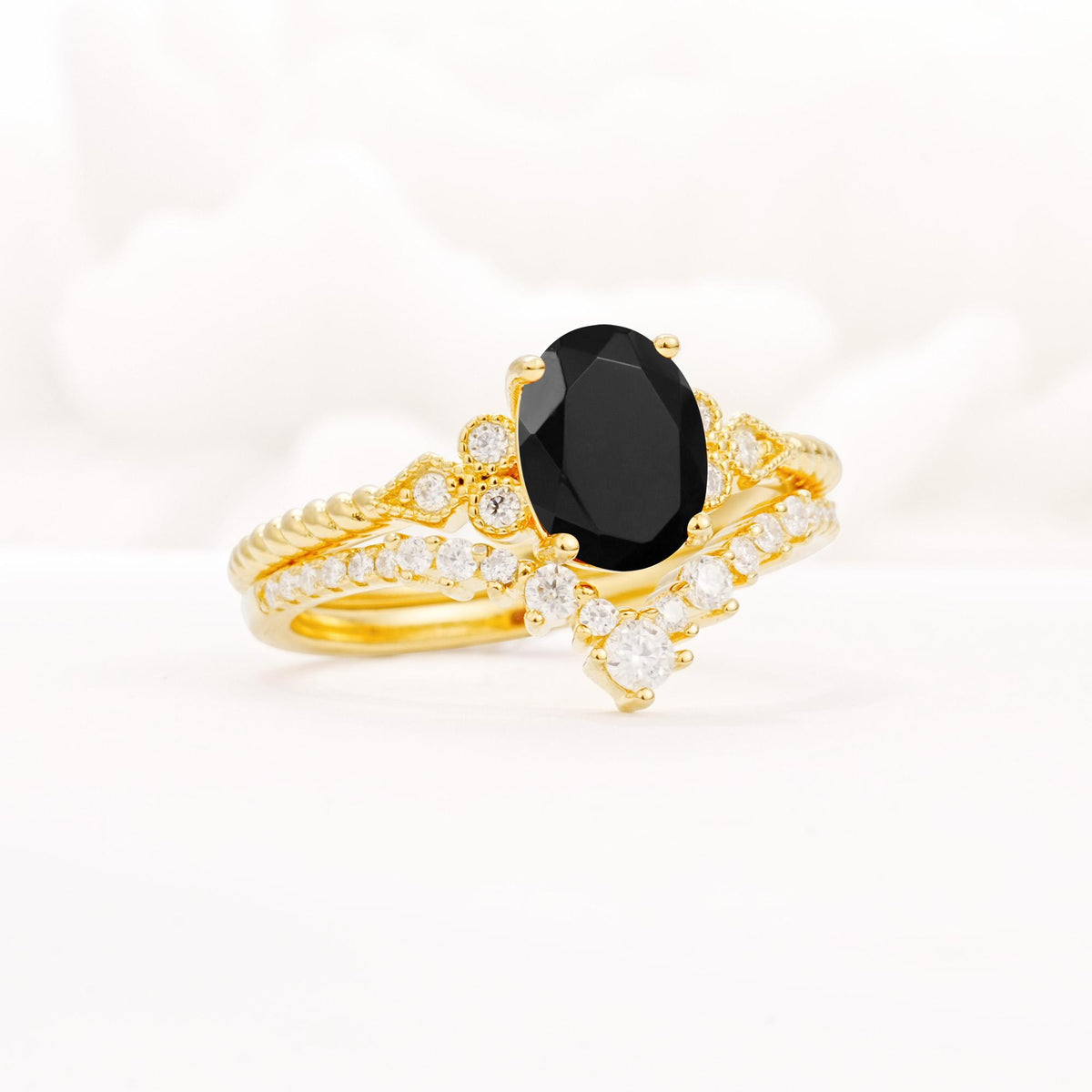 Oval Cut Black Onyx Vintage Engagement Ring Set with Chevron Band - Rose-Gold