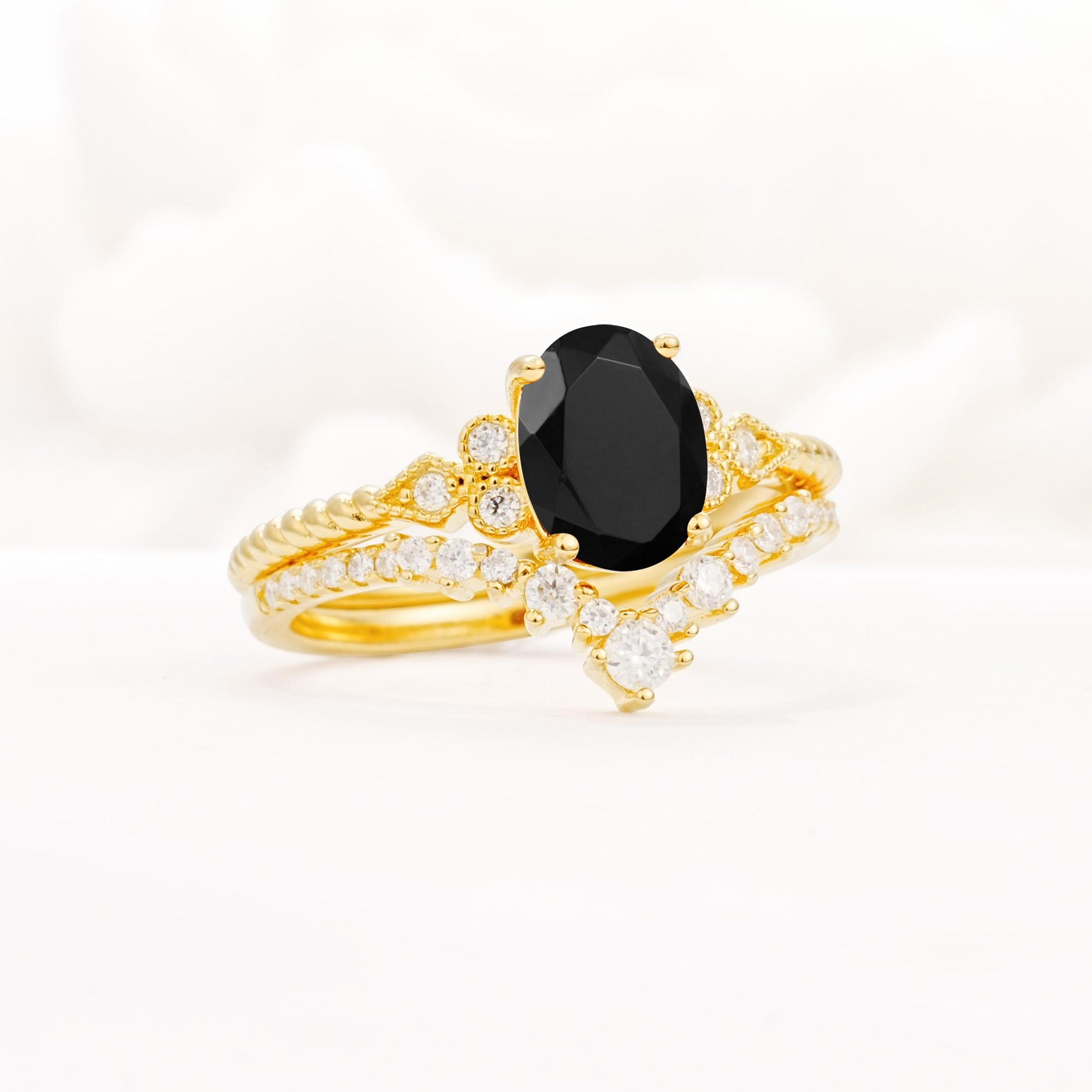 Oval Cut Black Onyx Vintage Engagement Ring Set with Chevron Band - Rose-Gold