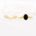 Oval Cut Black Onyx Vintage Engagement Ring Set with Chevron Band - White-Gold