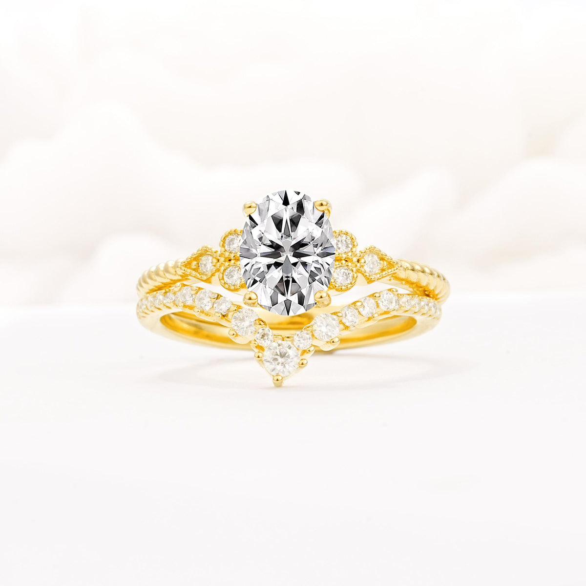 Oval Cut Lab Diamond Vintage Engagement Ring Set with Chevron Band - Yellow-Gold