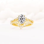 Oval Cut Lab Diamond Vintage Engagement Ring Set with Chevron Band - Yellow-Gold