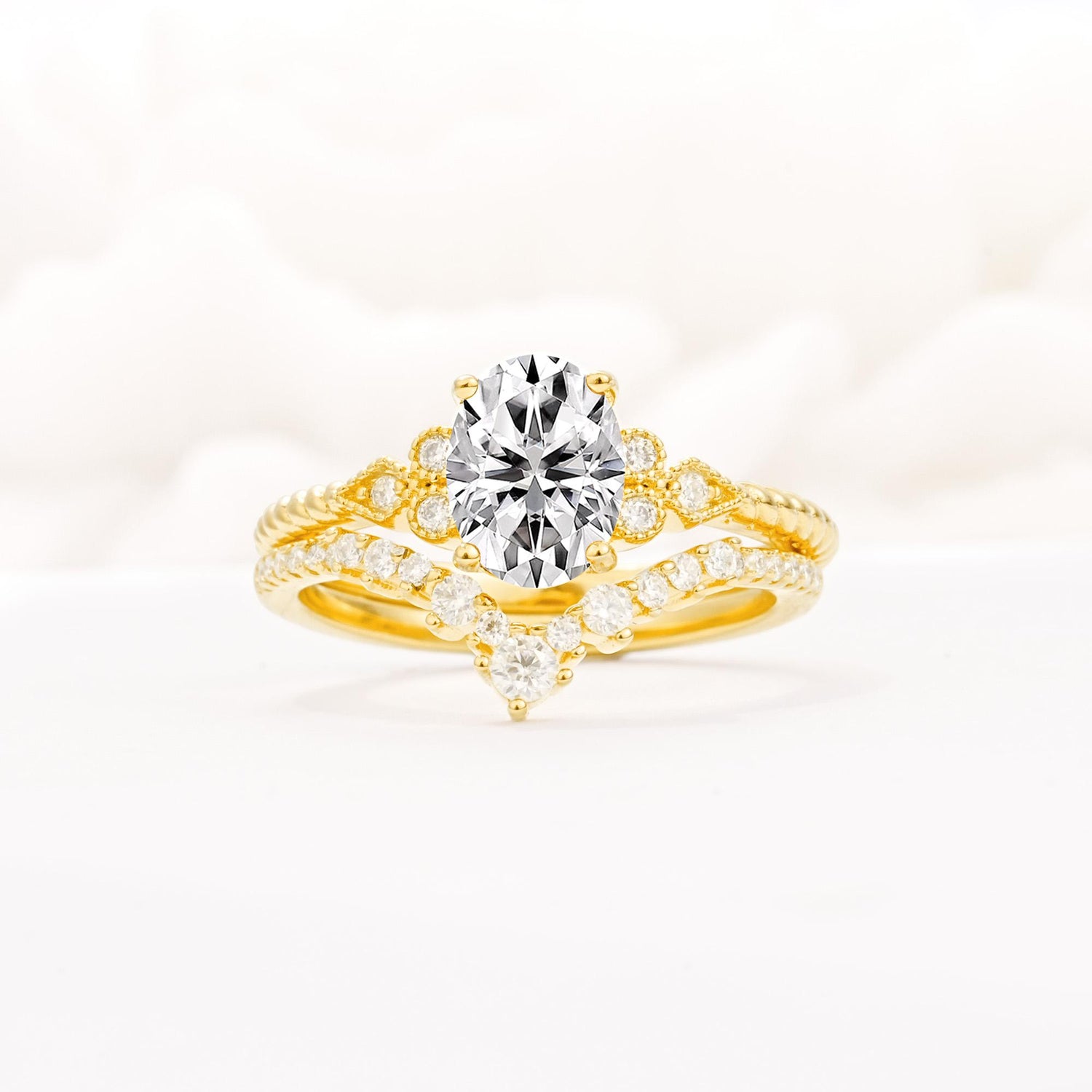 Oval Cut Lab Diamond Vintage Engagement Ring Set with Chevron Band - Yellow-Gold