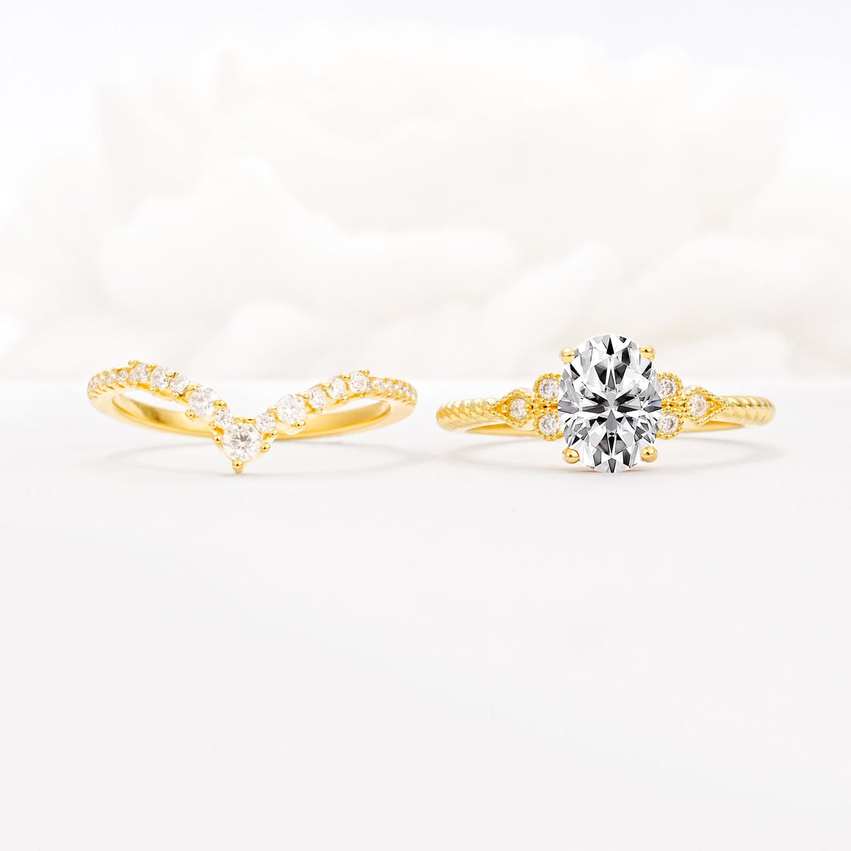 Oval Cut Lab Diamond Vintage Engagement Ring Set with Chevron Band - White-Gold