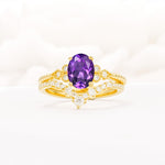 Oval Cut Amethyst Vintage Engagement Ring Set with Chevron Band - Yellow-Gold