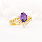 Oval Cut Amethyst Vintage Engagement Ring Set with Chevron Band - Rose-Gold