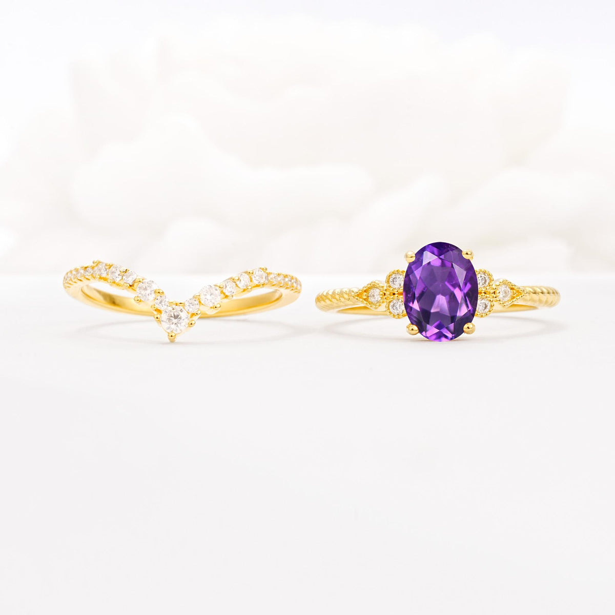 Oval Cut Amethyst Vintage Engagement Ring Set with Chevron Band - White-Gold