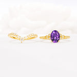 Oval Cut Amethyst Vintage Engagement Ring Set with Chevron Band - White-Gold