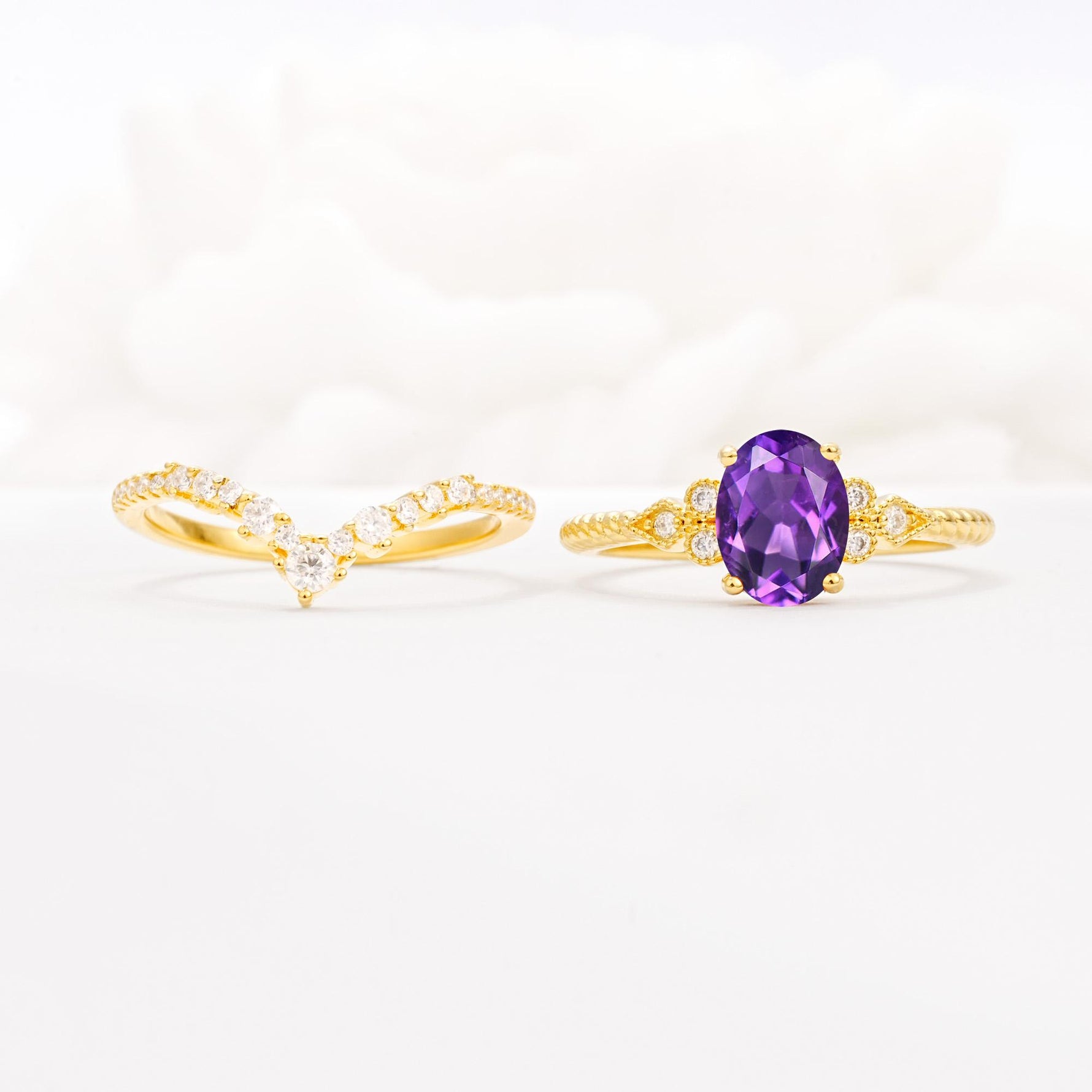 Oval Cut Amethyst Vintage Engagement Ring Set with Chevron Band - White-Gold