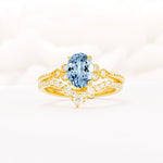 Oval Cut Aquamarine Vintage Engagement Ring Set with Chevron Band - Yellow-Gold