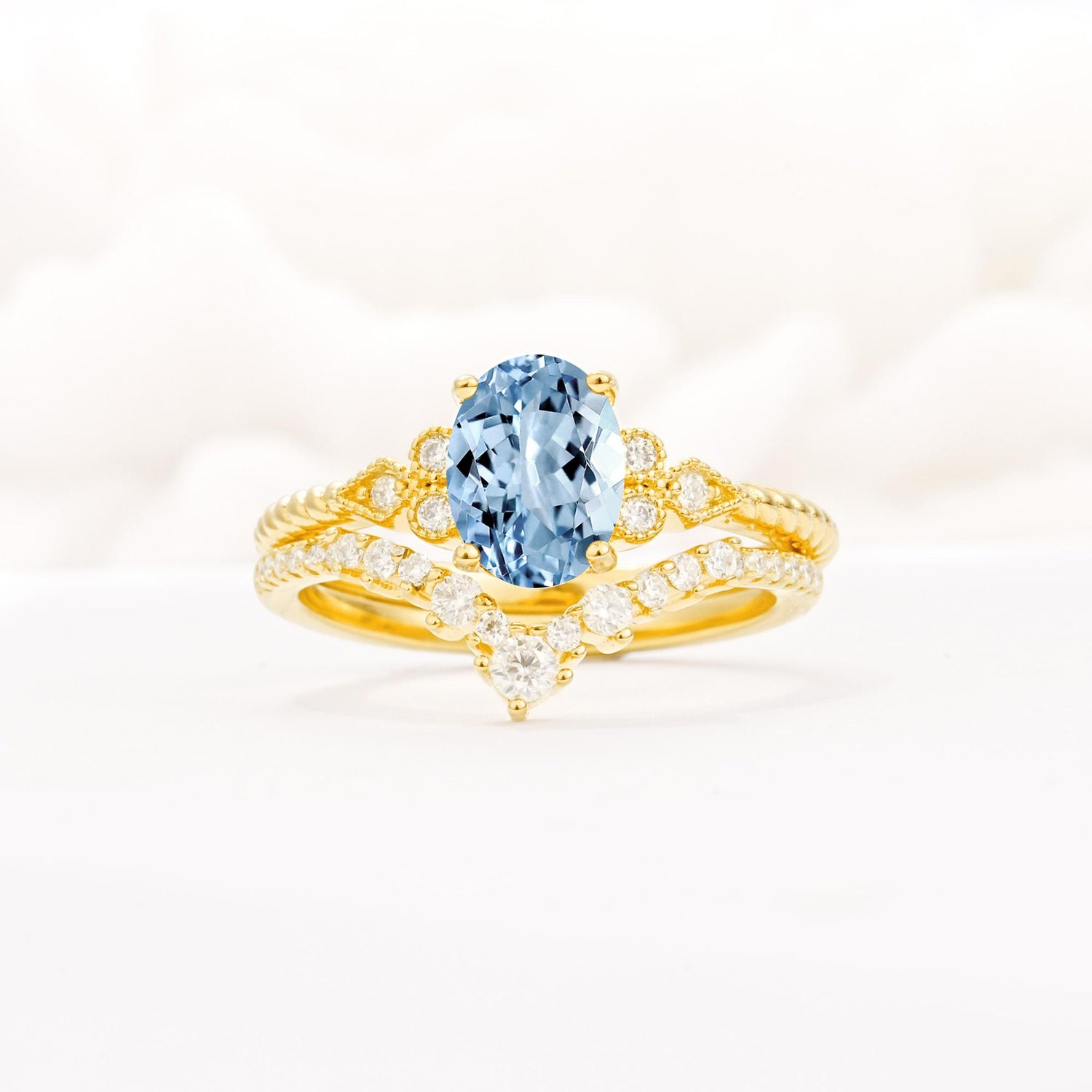 Oval Cut Aquamarine Vintage Engagement Ring Set with Chevron Band - Yellow-Gold