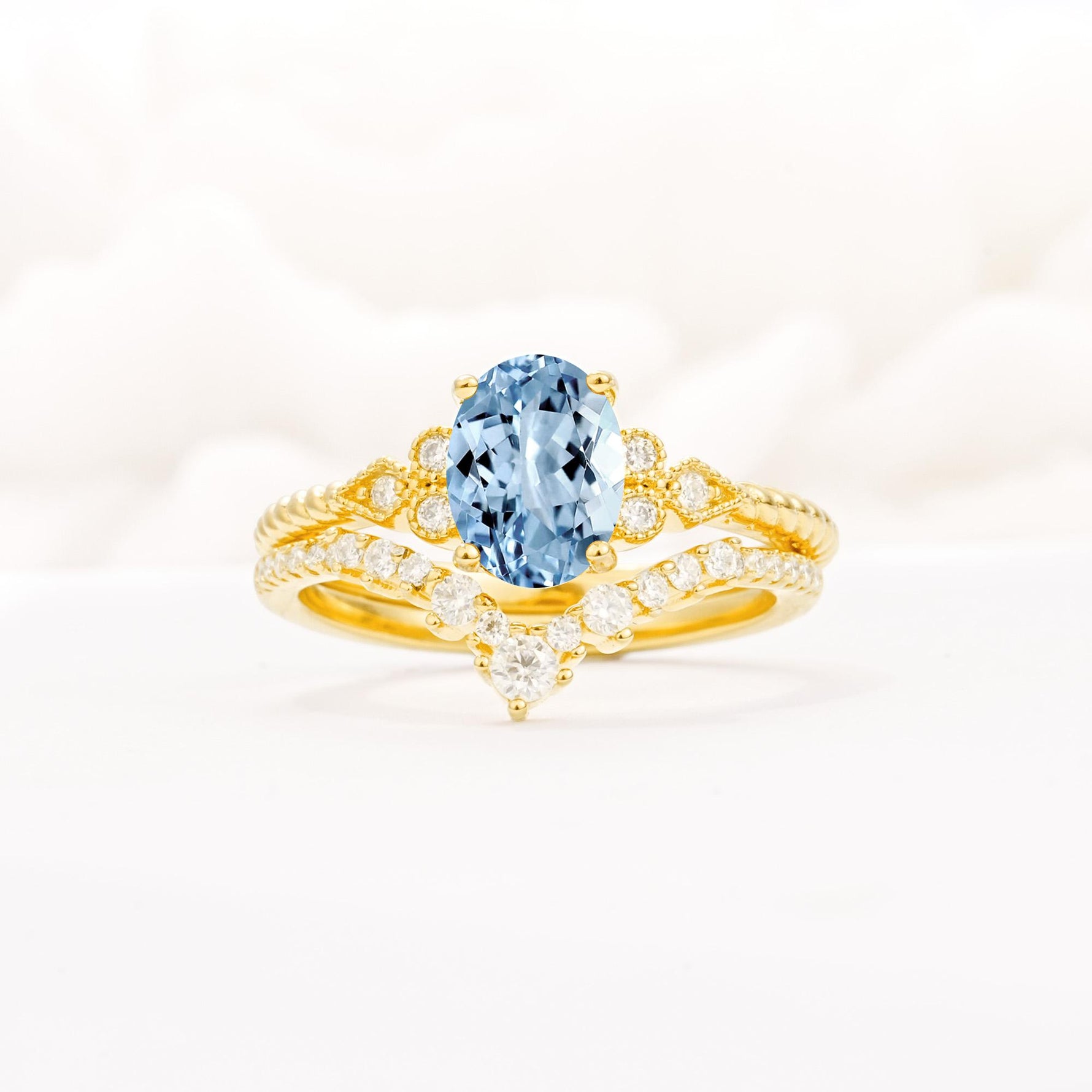 Oval Cut Aquamarine Vintage Engagement Ring Set with Chevron Band - Yellow-Gold