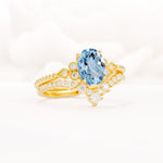 Oval Cut Aquamarine Vintage Engagement Ring Set with Chevron Band - Rose-Gold