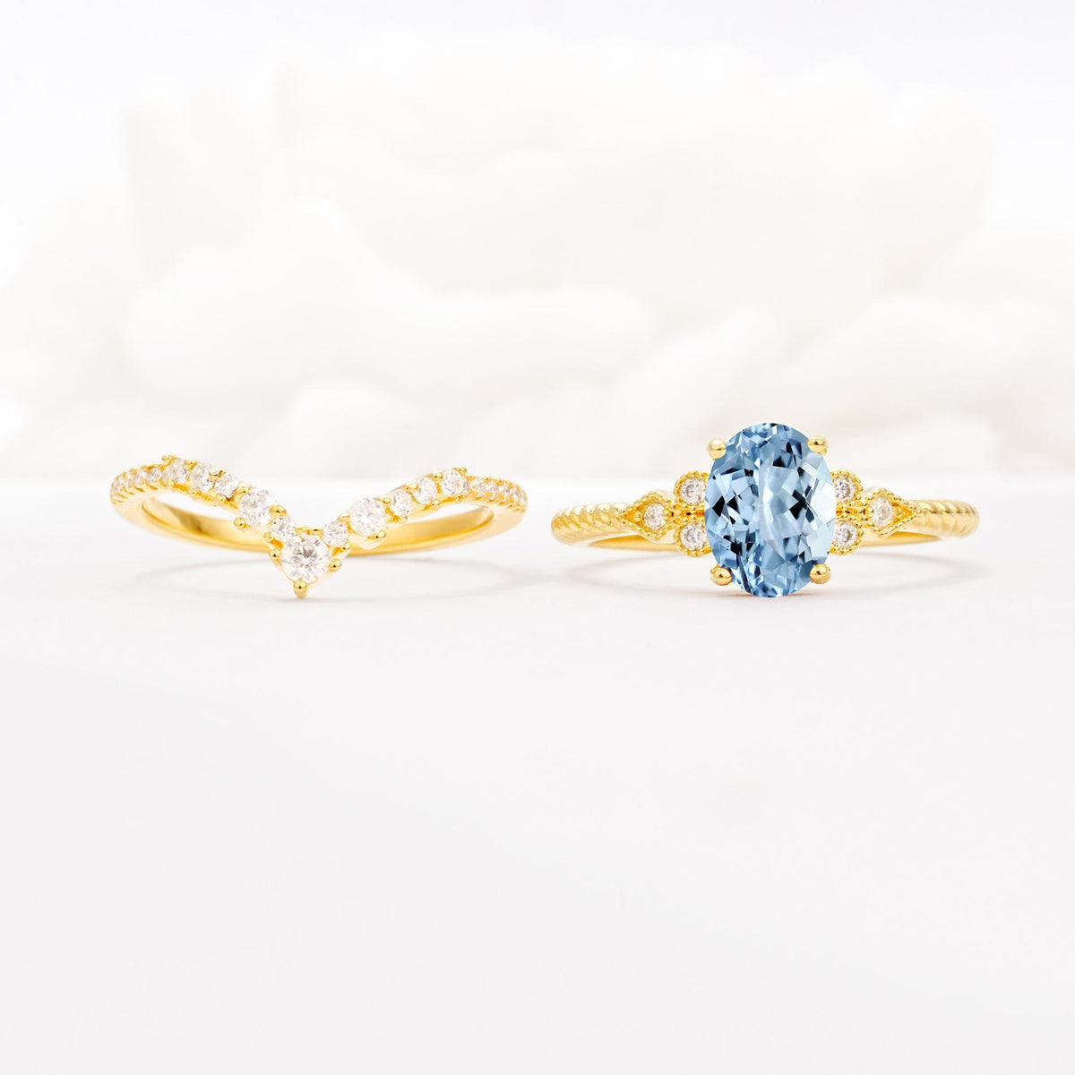 Oval Cut Aquamarine Vintage Engagement Ring Set with Chevron Band - White-Gold