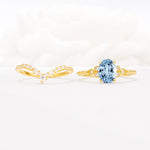 Oval Cut Aquamarine Vintage Engagement Ring Set with Chevron Band - White-Gold