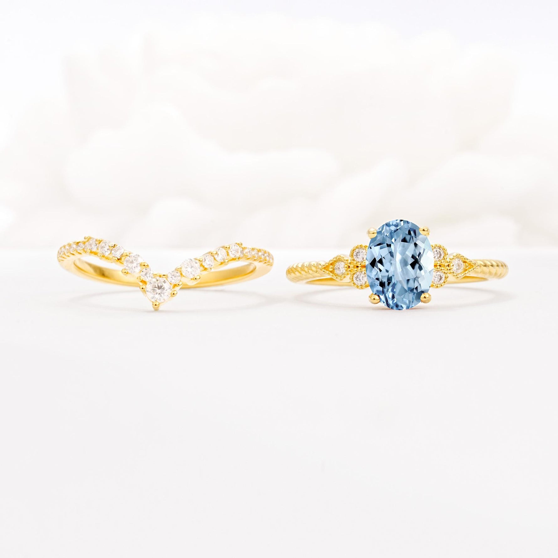 Oval Cut Aquamarine Vintage Engagement Ring Set with Chevron Band - White-Gold