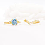 Oval Cut Aquamarine Vintage Engagement Ring Set with Chevron Band - Additional view