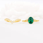 Oval Cut Emerald Vintage Engagement Ring Set with Chevron Band - White-Gold