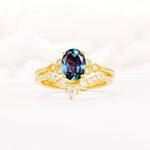 Oval Cut Alexandrite Vintage Engagement Ring Set with Chevron Band - Yellow-Gold