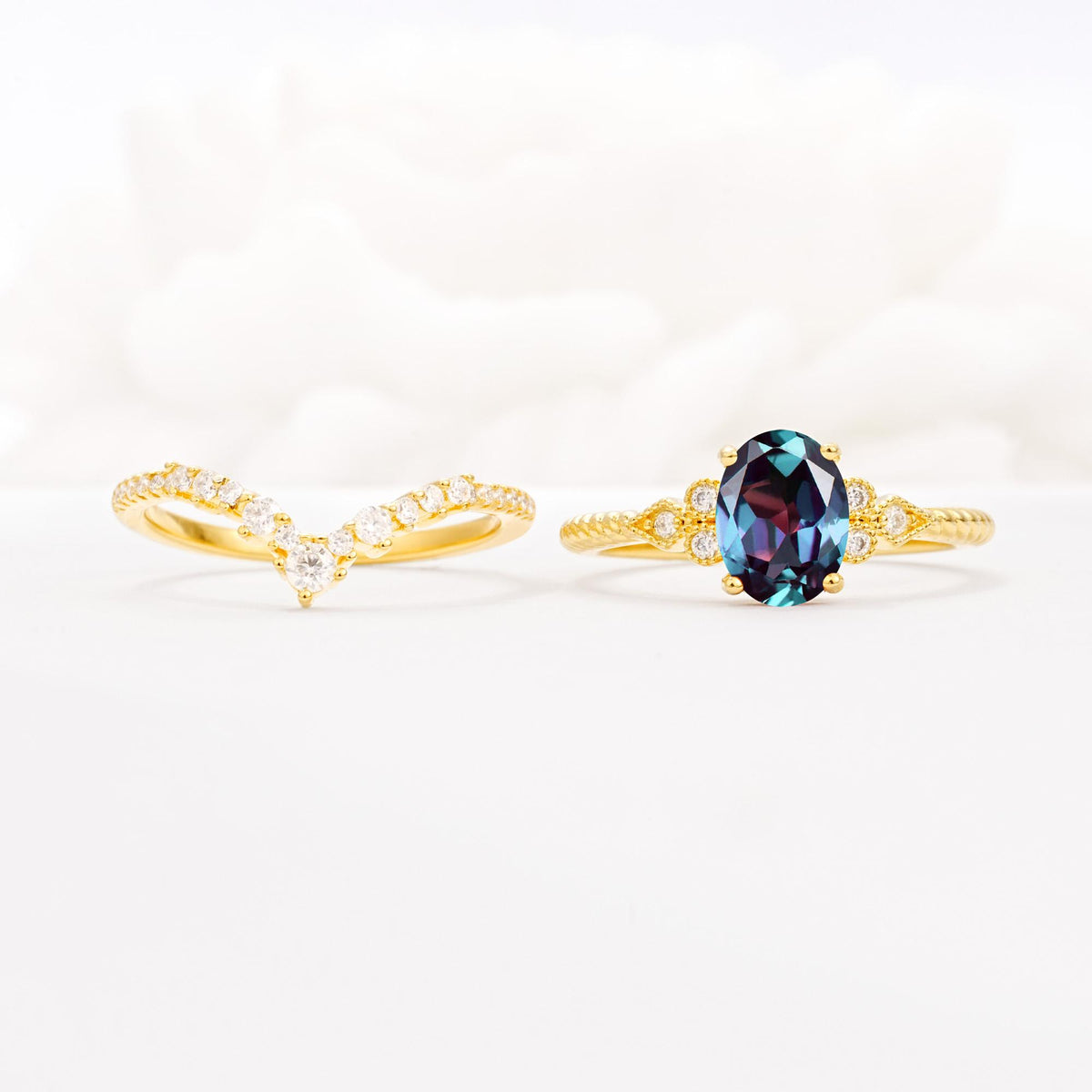 Oval Cut Alexandrite Vintage Engagement Ring Set with Chevron Band - White-Gold