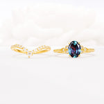 Oval Cut Alexandrite Vintage Engagement Ring Set with Chevron Band - White-Gold