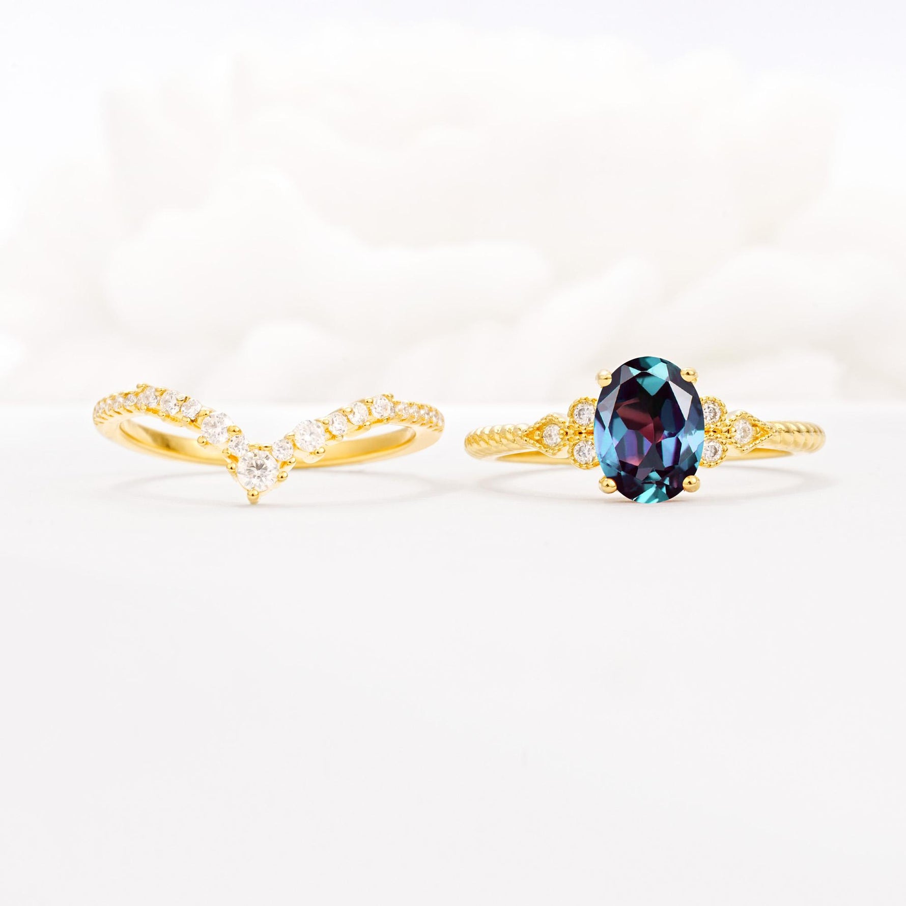 Oval Cut Alexandrite Vintage Engagement Ring Set with Chevron Band - White-Gold