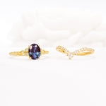 Oval Cut Alexandrite Vintage Engagement Ring Set with Chevron Band - Additional view