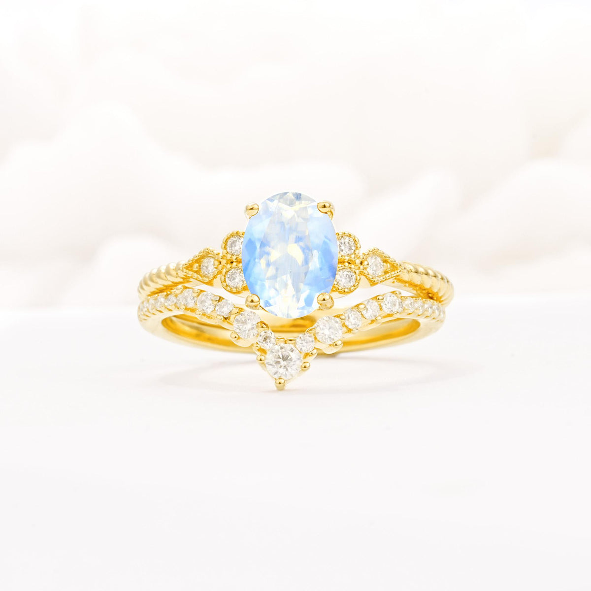Oval Cut Moonstone Vintage Engagement Ring Set with Chevron Band - Yellow-Gold