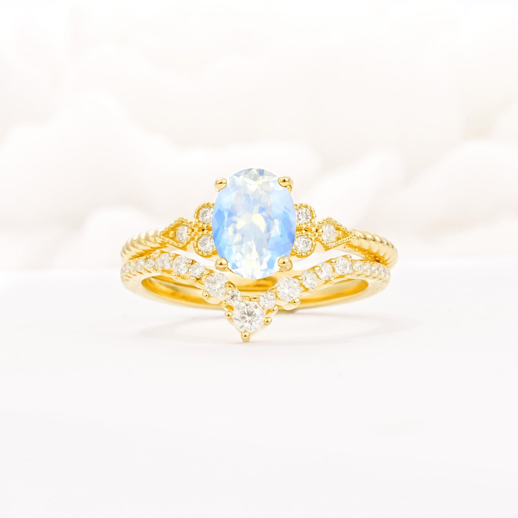 Oval Cut Moonstone Vintage Engagement Ring Set with Chevron Band - Yellow-Gold