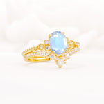 Oval Cut Moonstone Vintage Engagement Ring Set with Chevron Band - Rose-Gold