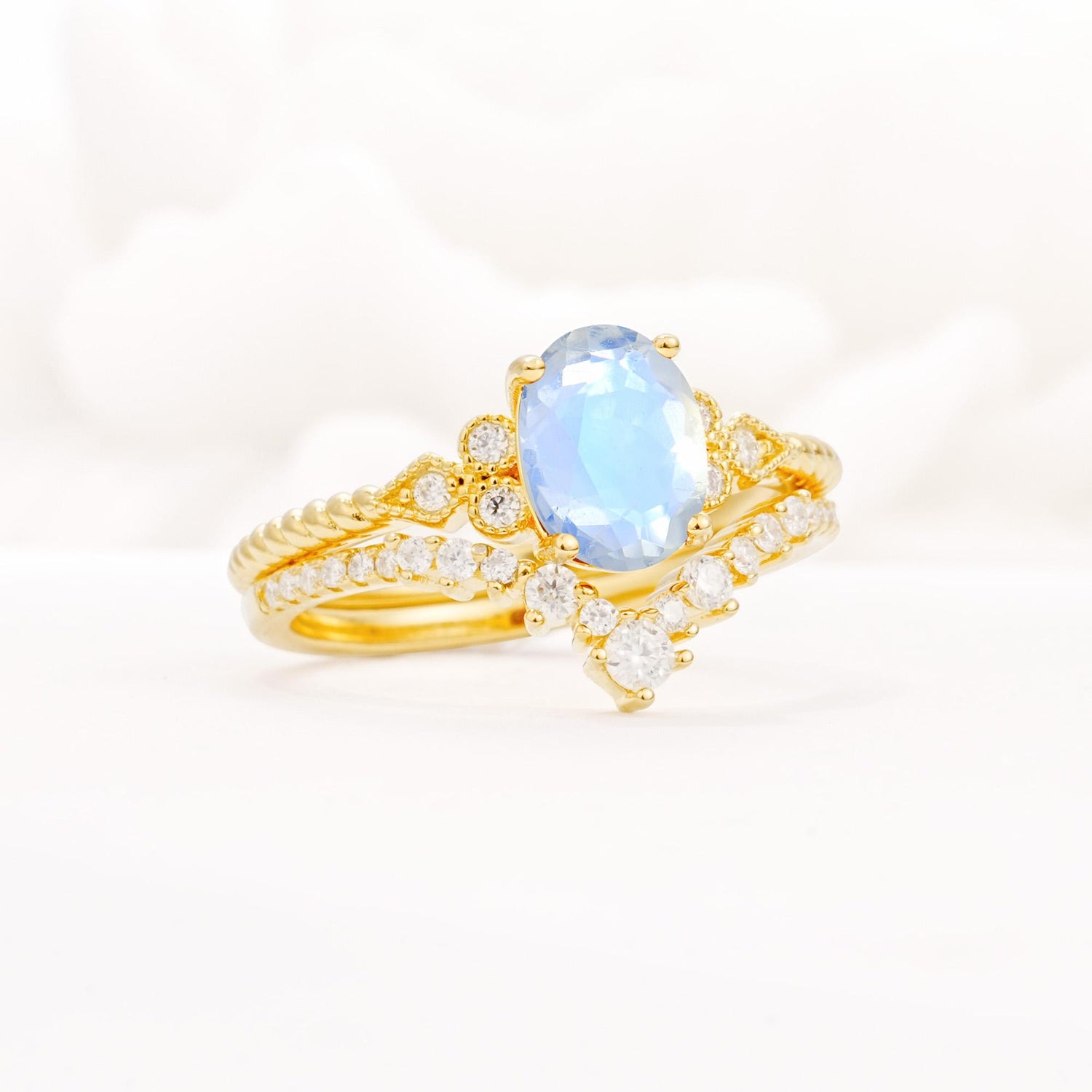Oval Cut Moonstone Vintage Engagement Ring Set with Chevron Band - Rose-Gold