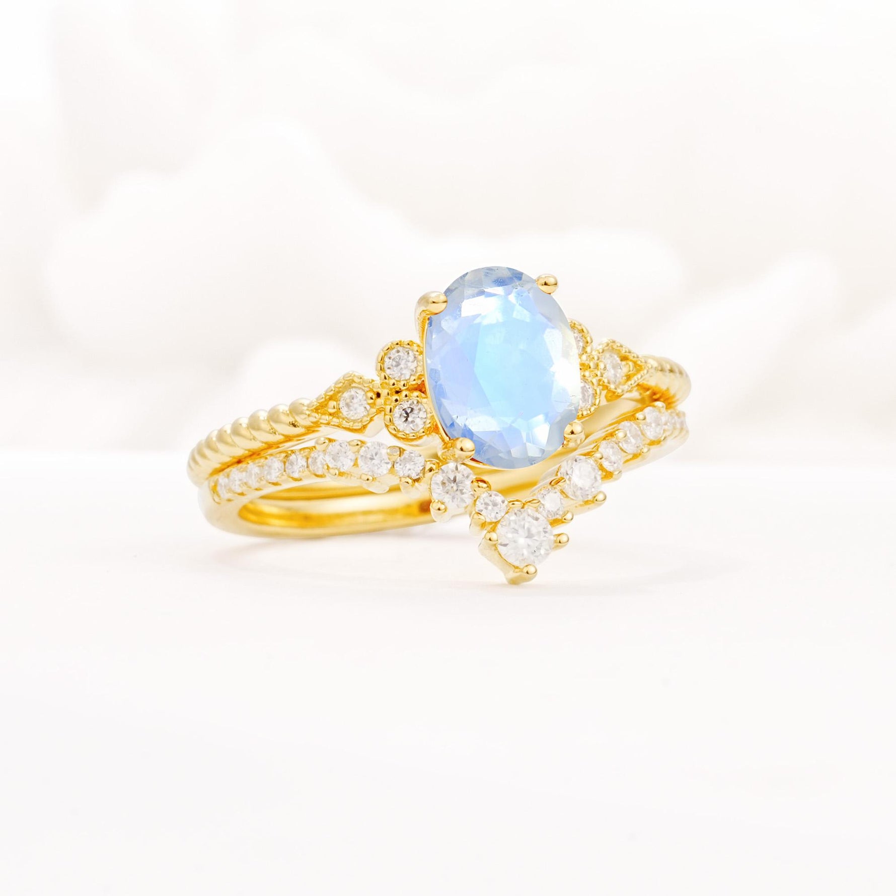 Oval Cut Moonstone Vintage Engagement Ring Set with Chevron Band - Rose-Gold