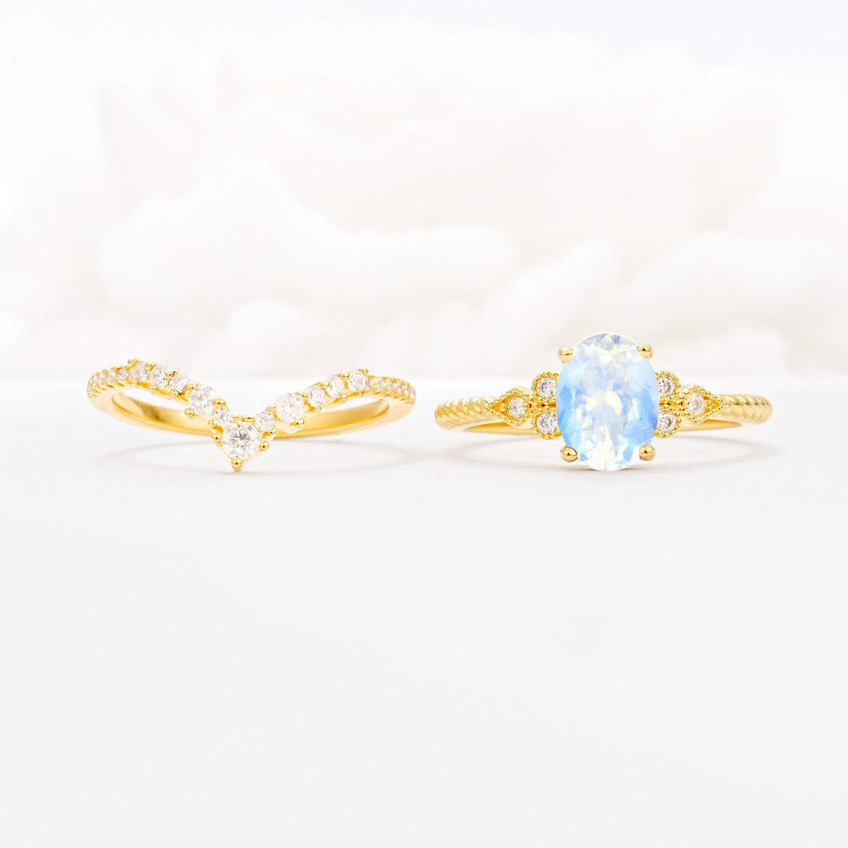 Oval Cut Moonstone Vintage Engagement Ring Set with Chevron Band - White-Gold