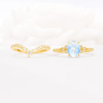 Oval Cut Moonstone Vintage Engagement Ring Set with Chevron Band - White-Gold