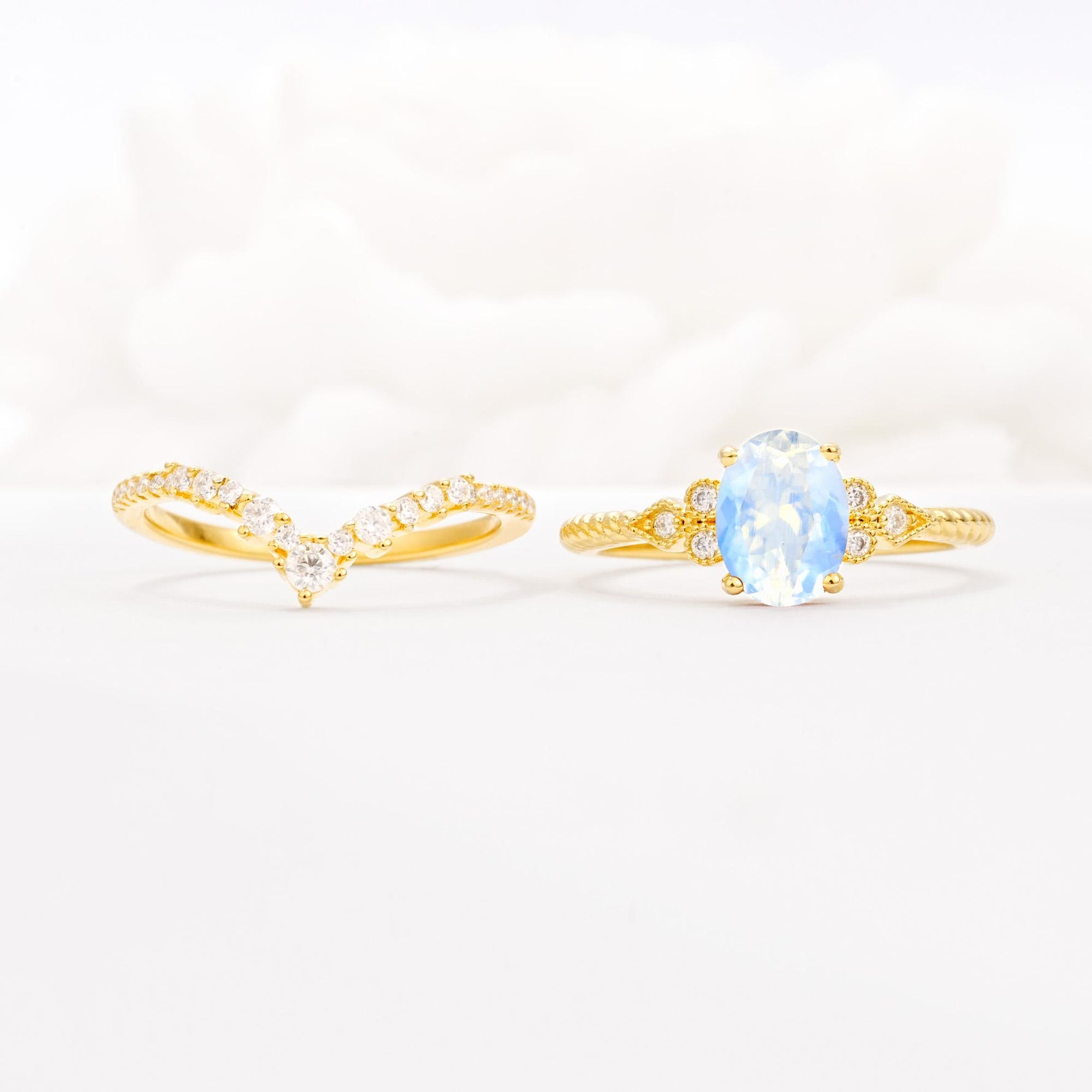 Oval Cut Moonstone Vintage Engagement Ring Set with Chevron Band - White-Gold
