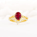 Oval Cut Ruby Vintage Engagement Ring Set with Chevron Band - Yellow-Gold
