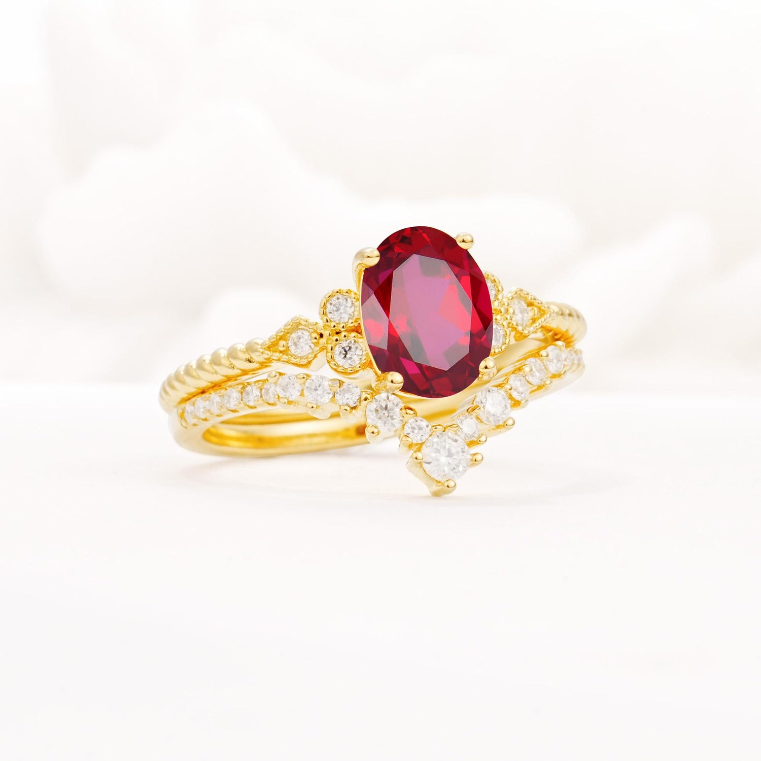 Oval Cut Ruby Vintage Engagement Ring Set with Chevron Band - Rose-Gold