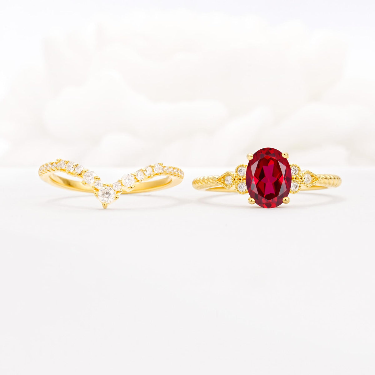Oval Cut Ruby Vintage Engagement Ring Set with Chevron Band - White-Gold